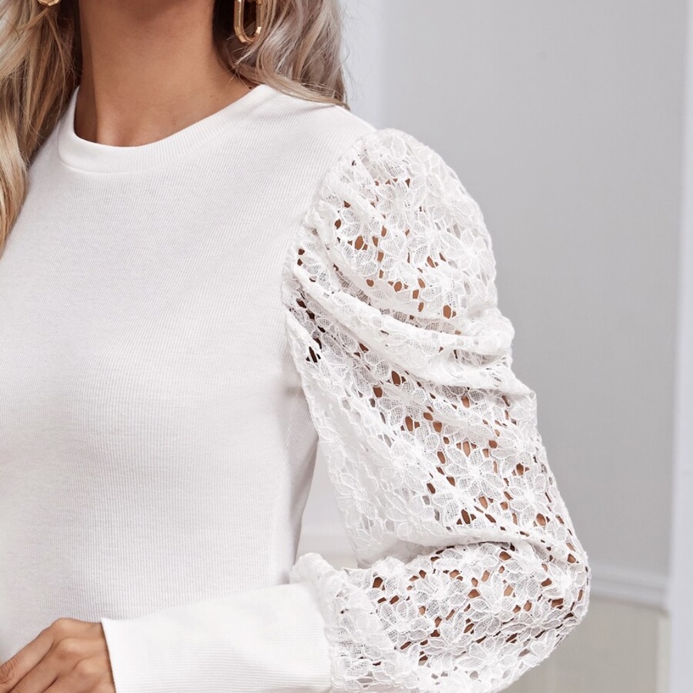 boho white puff floral long sleeve lace top - Picture 2 of 4